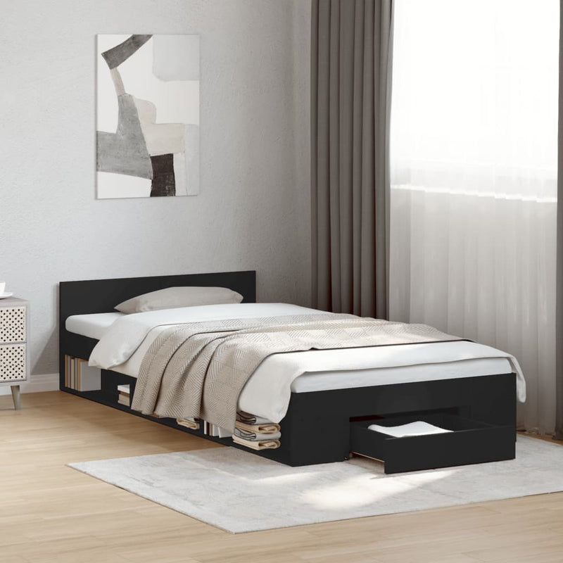 Cadru de pat cu sertar, negru, 90x190 cm, lemn prelucrat