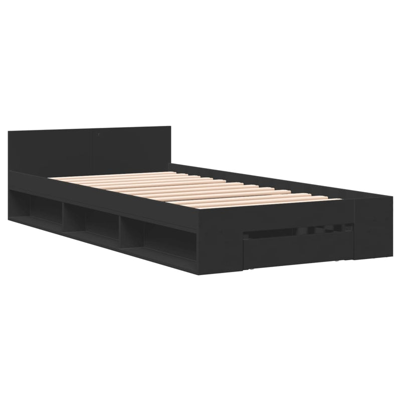 Cadru de pat cu sertar, negru, 75x190 cm, lemn prelucrat
