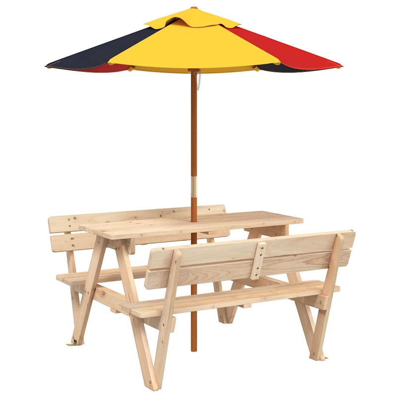 Masă de picnic pentru 4 copii, cu umbrelă, lemn masiv brad
