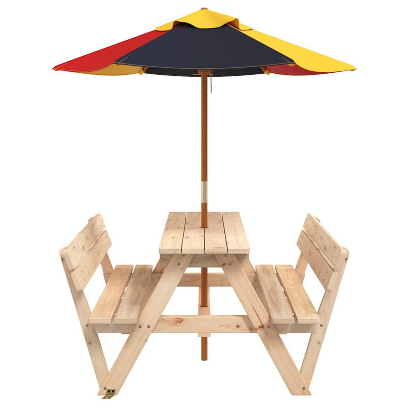 Masă de picnic pentru 4 copii, cu umbrelă, lemn masiv brad