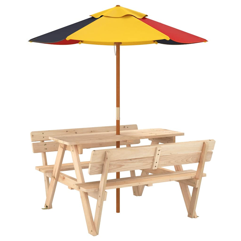 Masă de picnic pentru 4 copii, cu umbrelă, lemn masiv brad