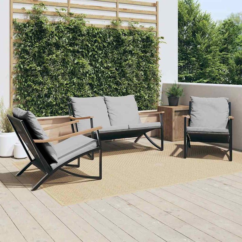 Set mobilier de balcon, 3 piese, cu perne, negru, oțel