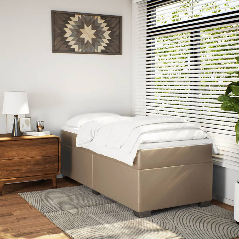 Pat box spring cu saltea, cappuccino, 90x190 cm piele ecologică