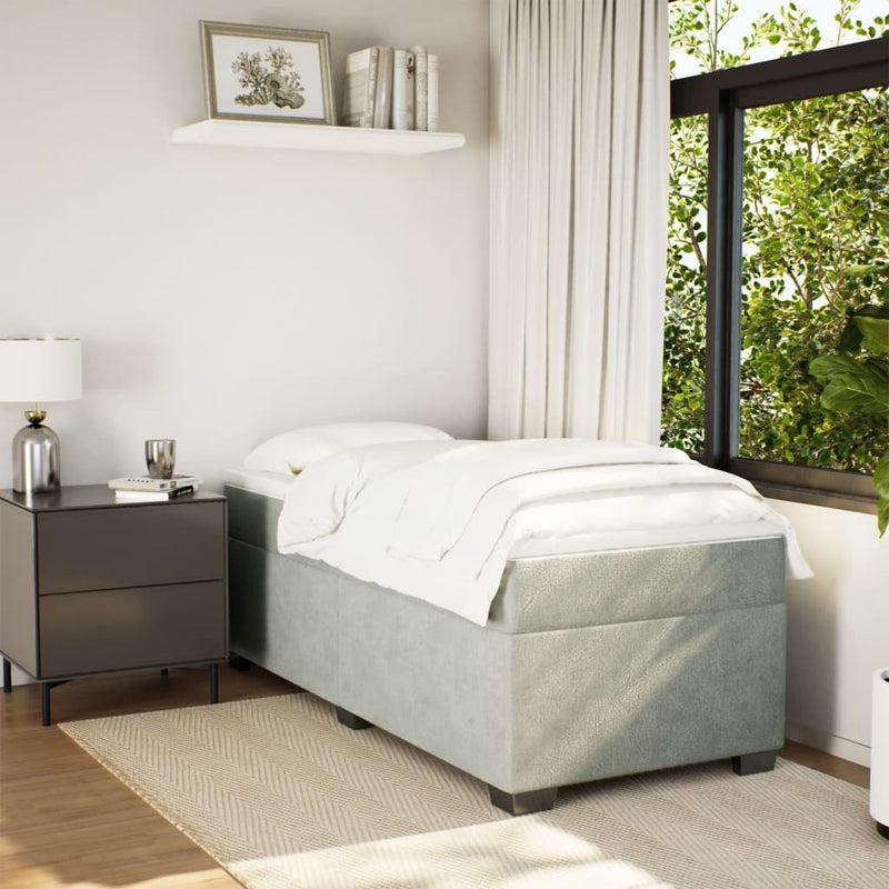 Pat box spring cu saltea, gri deschis, 90x190 cm, catifea