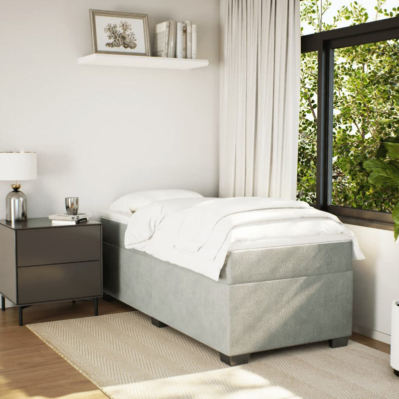 Pat box spring cu saltea, gri deschis, 90x200 cm, catifea