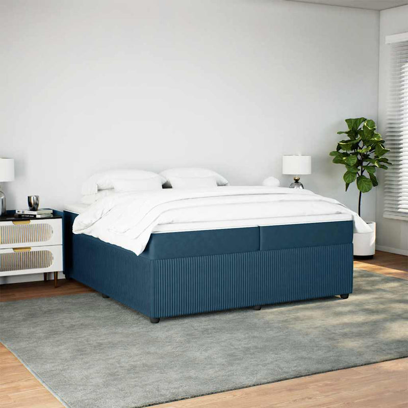 Pat box spring cu saltea, albastru închis, 200x200 cm, catifea