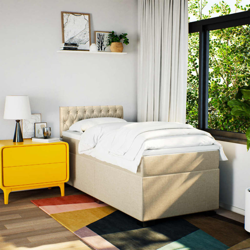 Pat box spring cu saltea, crem, 90x200 cm, textil