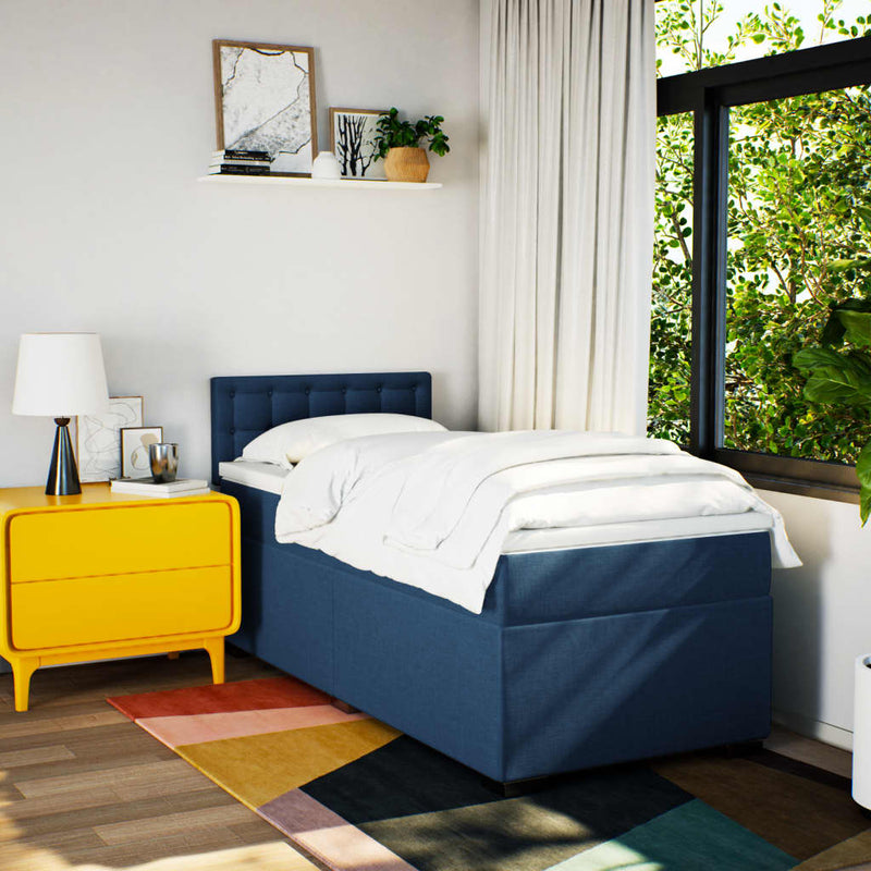 Pat box spring cu saltea, albastru, 100x200 cm, textil