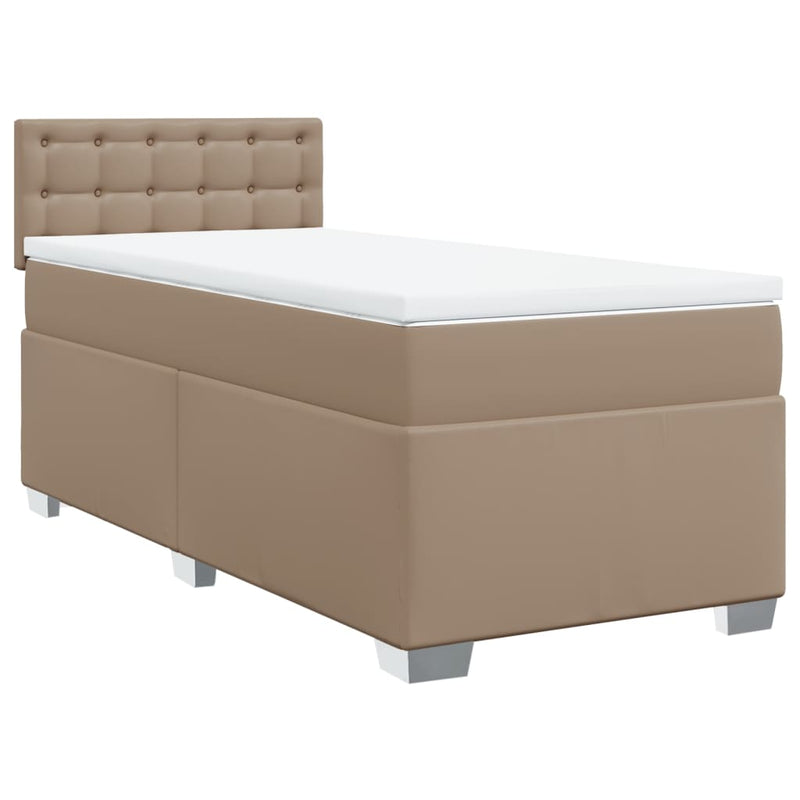 Pat box spring cu saltea, cappuccino, 90x190 cm piele ecologică