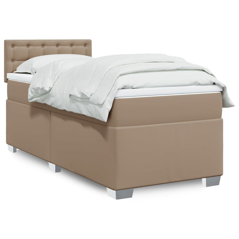 Pat box spring cu saltea, cappuccino, 90x190 cm piele ecologică