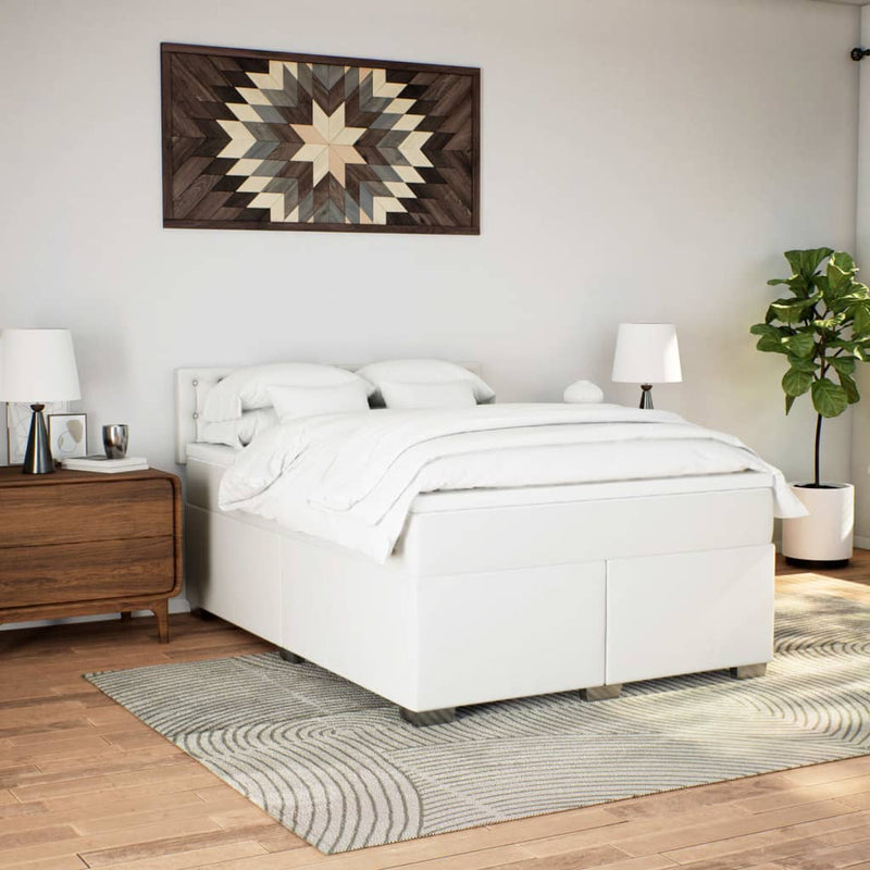 Pat box spring cu saltea, alb, 140x190 cm, piele ecologică