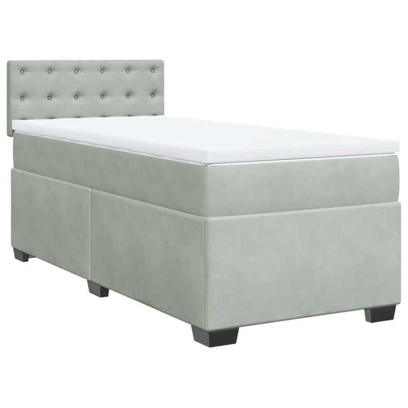 Pat box spring cu saltea, gri deschis, 90x190 cm, catifea
