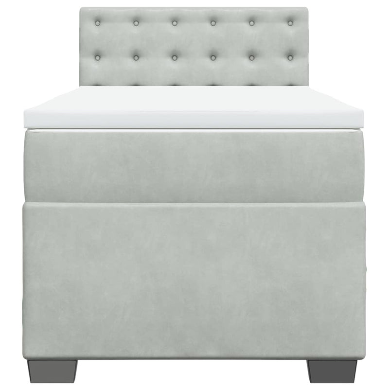 Pat box spring cu saltea, gri deschis, 90x190 cm, catifea