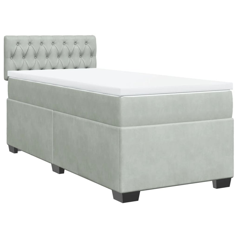Pat box spring cu saltea, gri deschis, 90x190 cm, catifea