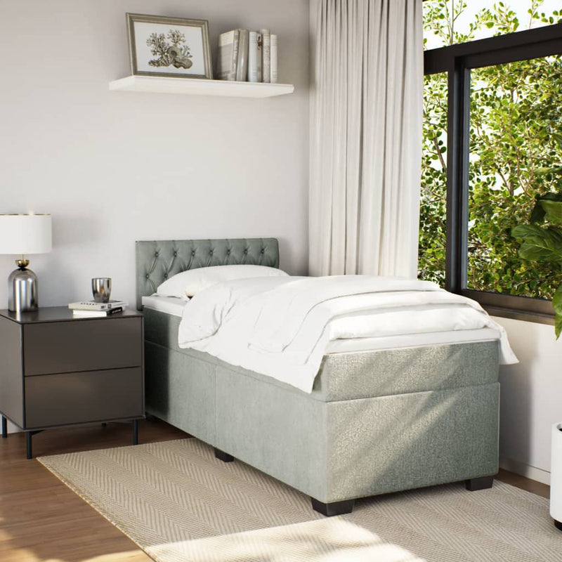 Pat box spring cu saltea, gri deschis, 90x190 cm, catifea