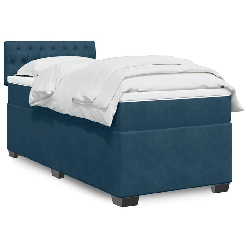 Pat box spring cu saltea, albastru închis, 90x190 cm, catifea