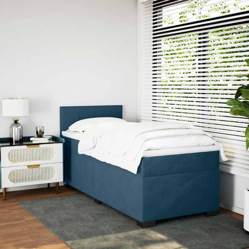 Pat box spring cu saltea, albastru închis, 90x190 cm, catifea
