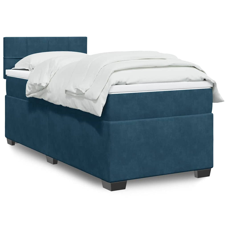 Pat box spring cu saltea, albastru închis, 90x190 cm, catifea