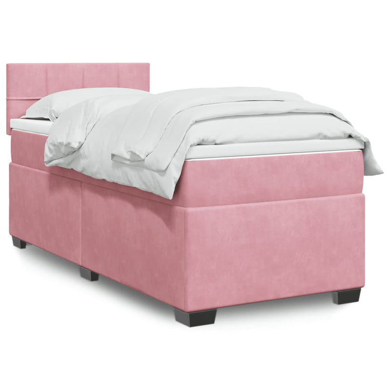 Pat box spring cu saltea, roz, 90x190 cm, catifea