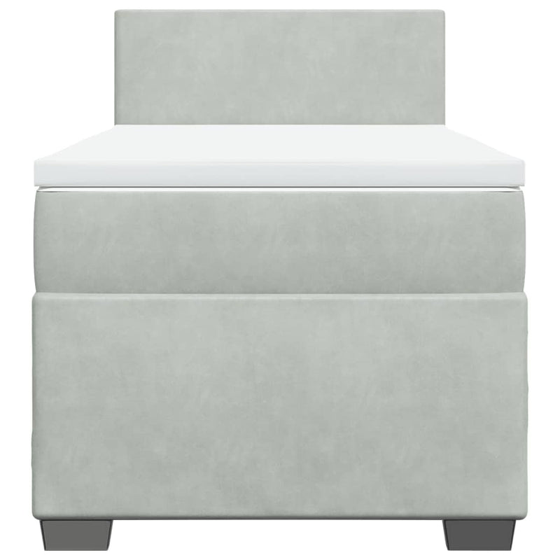 Pat box spring cu saltea, gri deschis, 90x200 cm, catifea