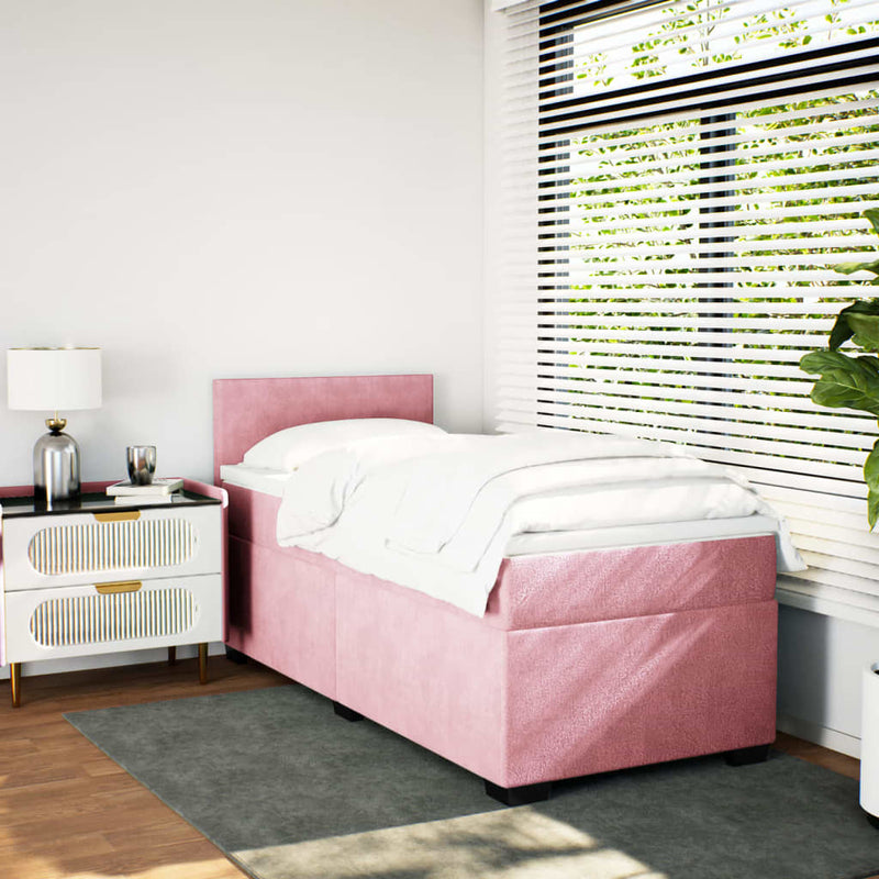 Pat box spring cu saltea, roz, 90x200 cm, catifea