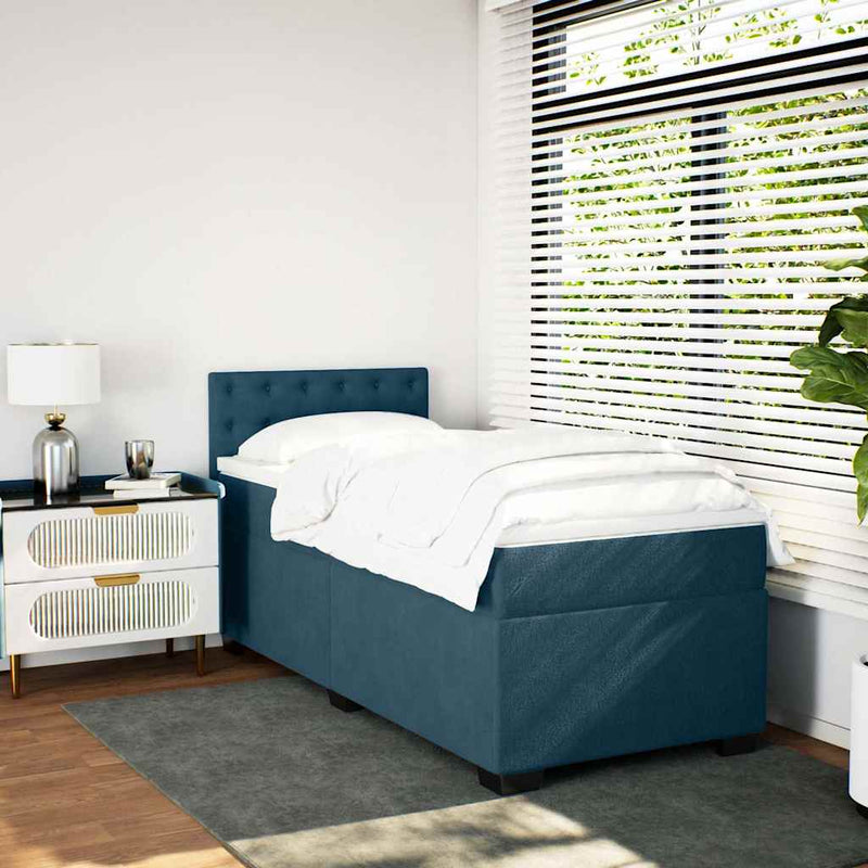 Pat box spring cu saltea, albastru închis, 90x200 cm, catifea