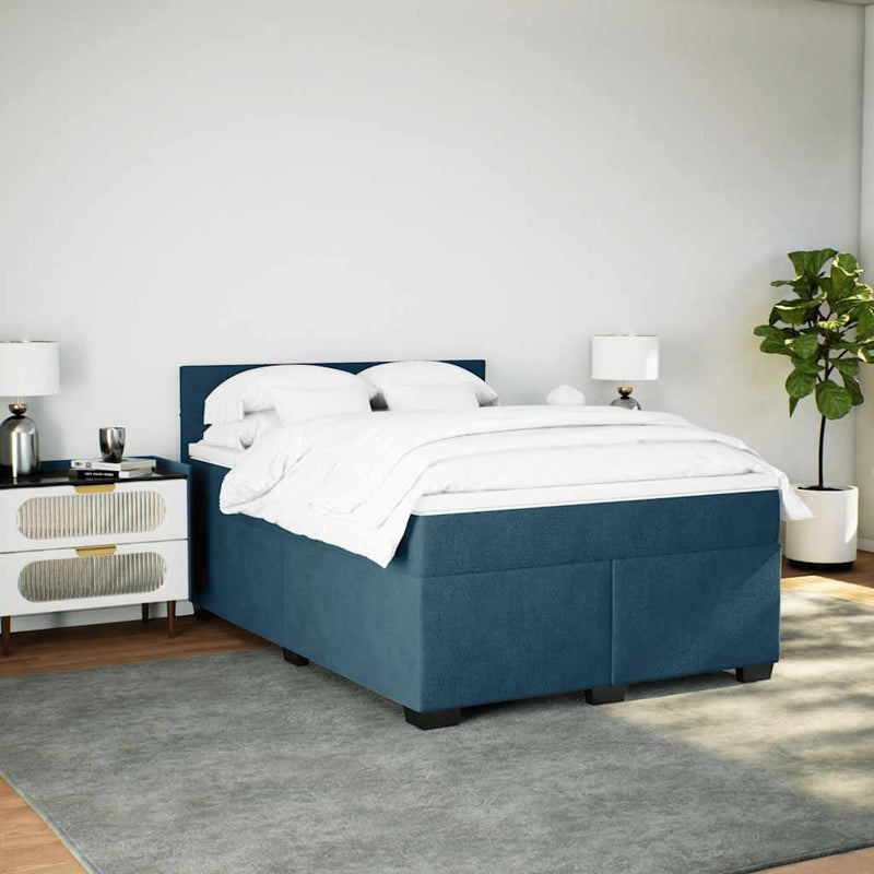 Pat box spring cu saltea, albastru, 160x200 cm, catifea