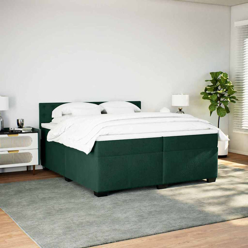 Pat box spring cu saltea, verde închis, 200x200 cm, catifea