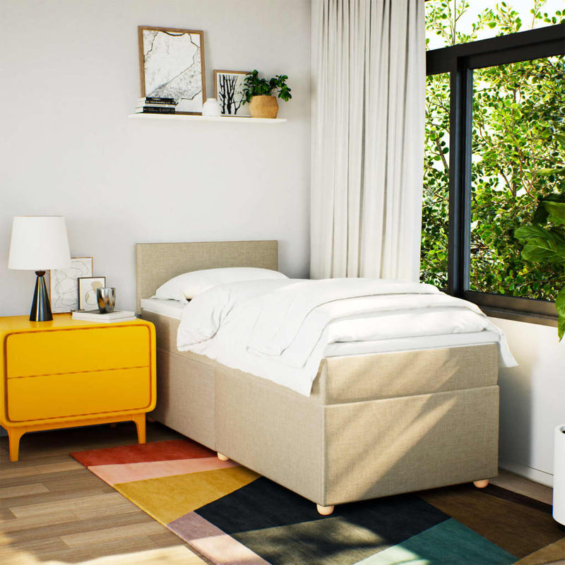 Pat box spring cu saltea, crem, 90x190 cm, textil