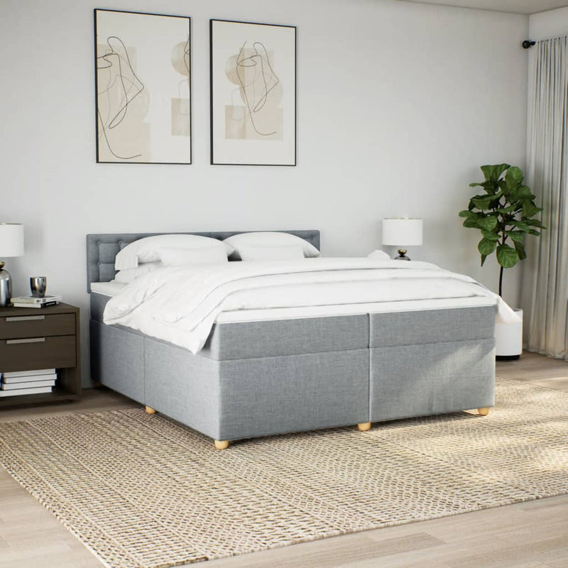 Pat box spring cu saltea, gri deschis, 200x200 cm, textil