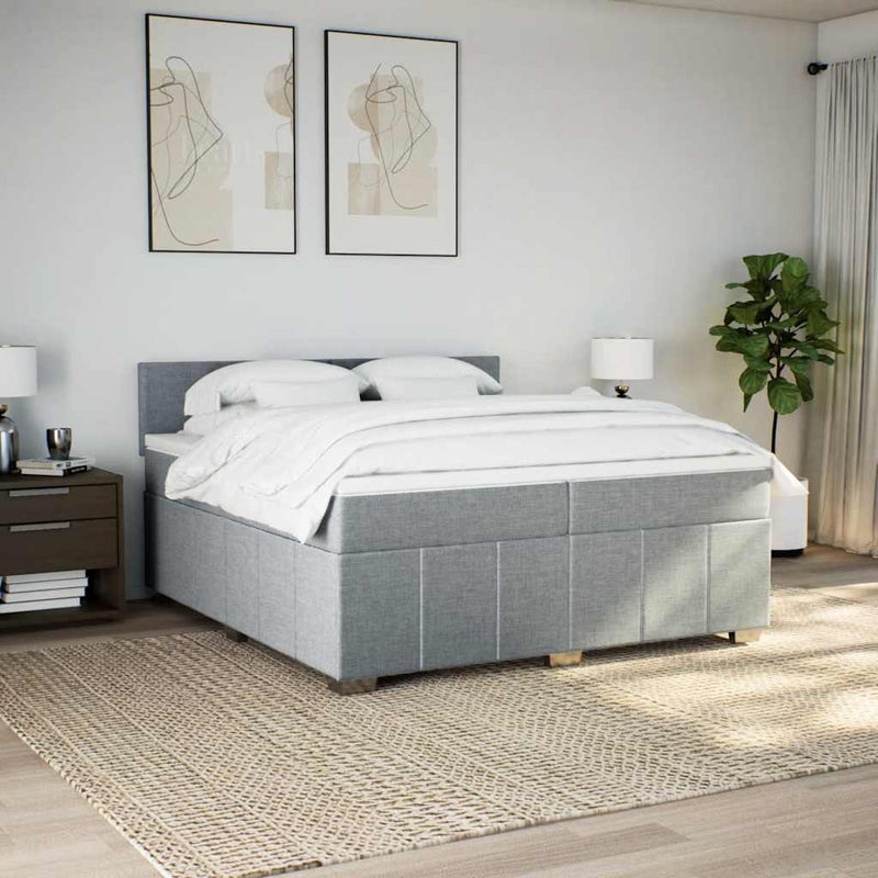 Pat box spring cu saltea, gri deschis, 200x200 cm, textil