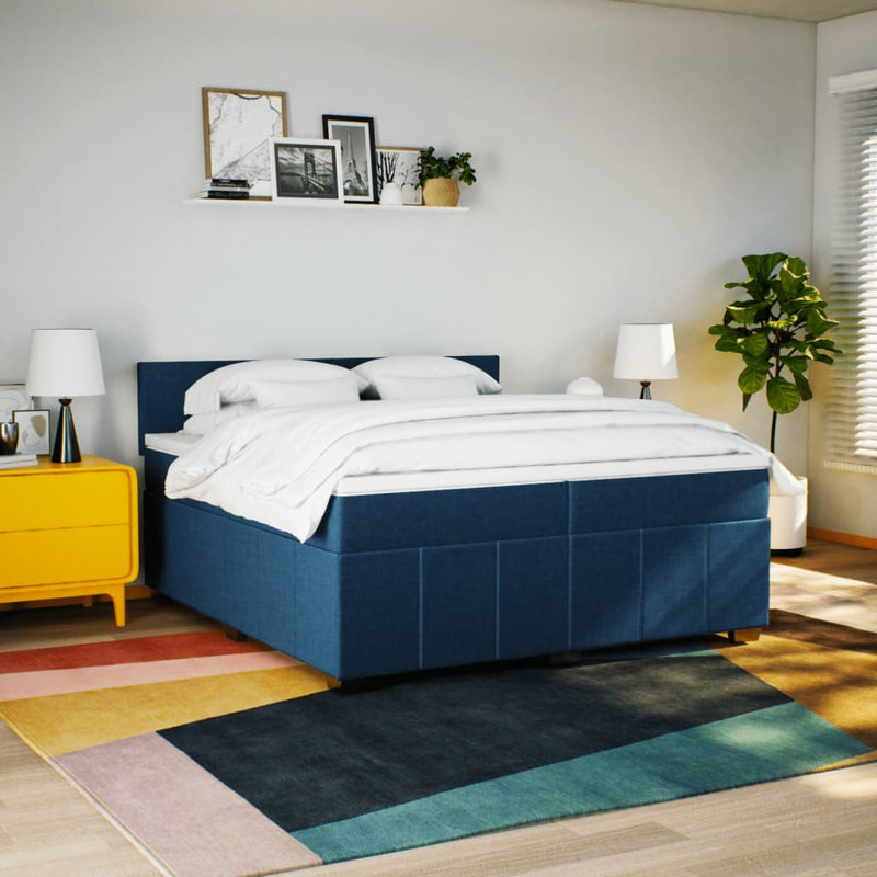 Pat box spring cu saltea, albastru, 200x200 cm, textil