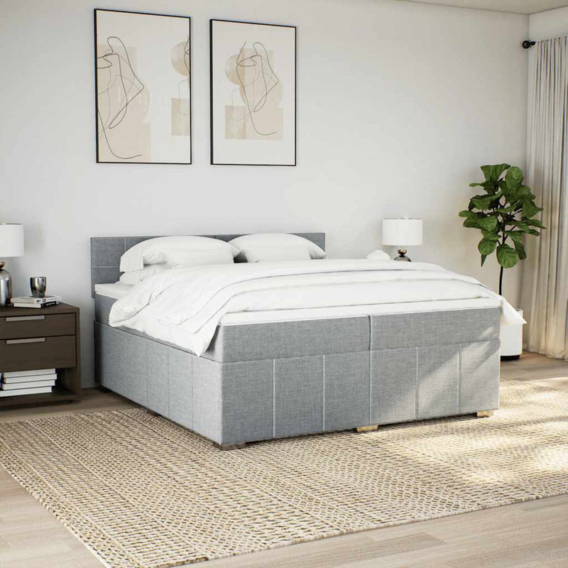 Pat box spring cu saltea, gri deschis, 200x200 cm, textil