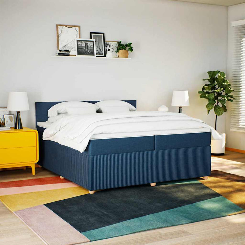 Pat box spring cu saltea, albastru, 200x200 cm, textil