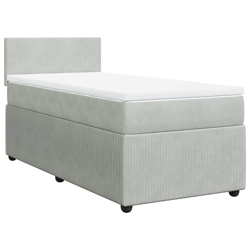 Pat box spring cu saltea, gri deschis, 90x190 cm, catifea