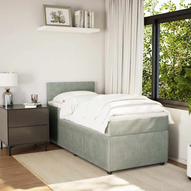 Pat box spring cu saltea, gri deschis, 90x190 cm, catifea