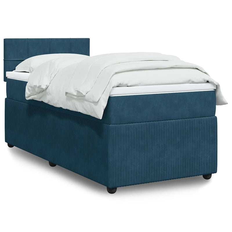 Pat box spring cu saltea, albastru, 90x190 cm, catifea