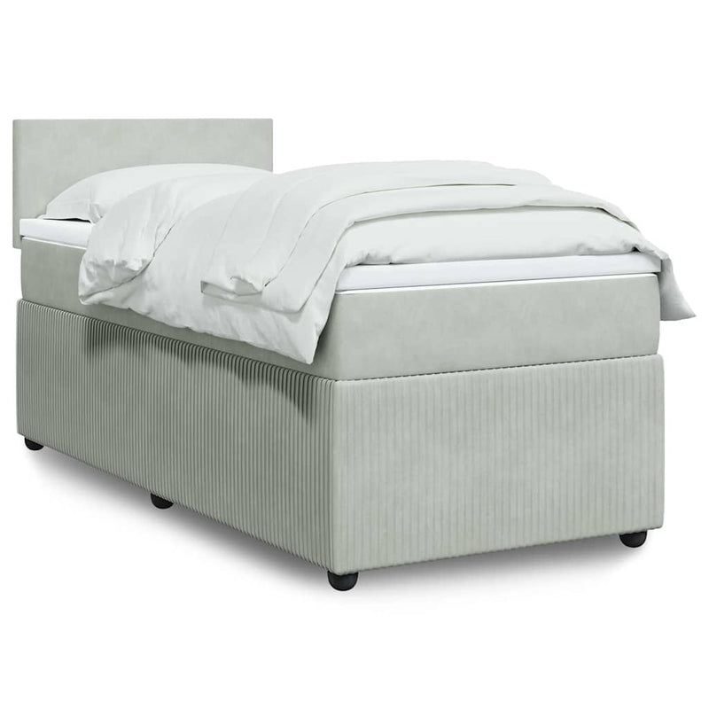 Pat box spring cu saltea, gri deschis, 90x200 cm, catifea