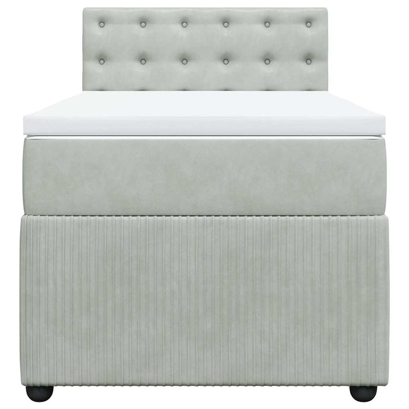 Pat box spring cu saltea, gri deschis, 90x200 cm, catifea