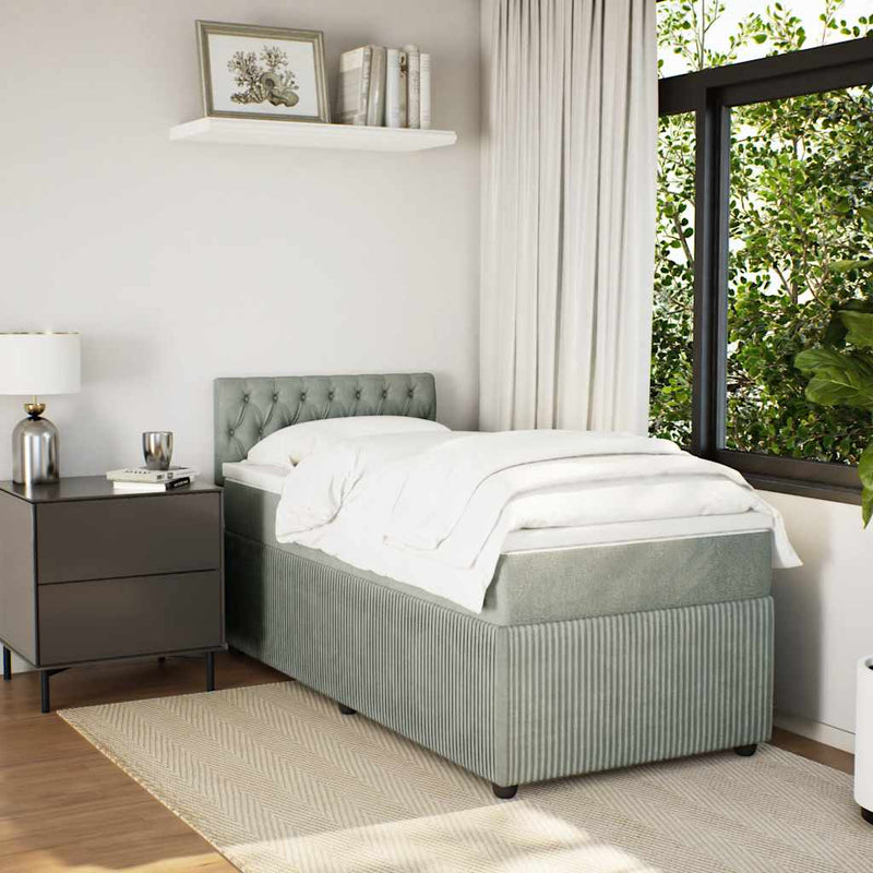 Pat box spring cu saltea, gri deschis, 90x200 cm, catifea