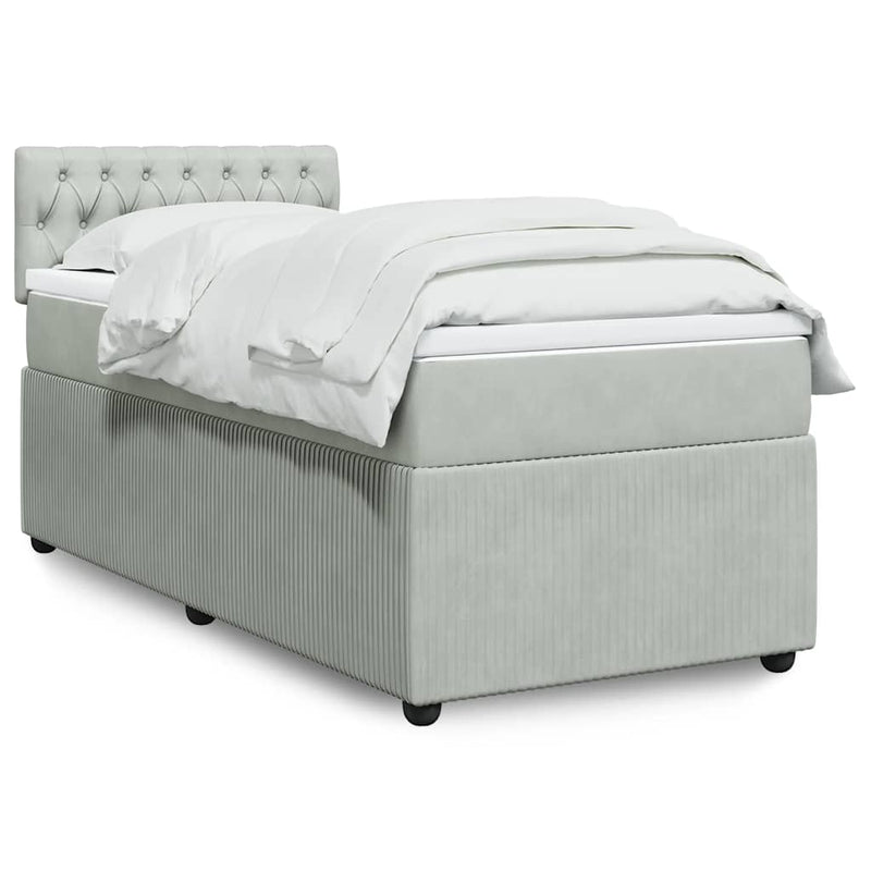 Pat box spring cu saltea, gri deschis, 90x200 cm, catifea