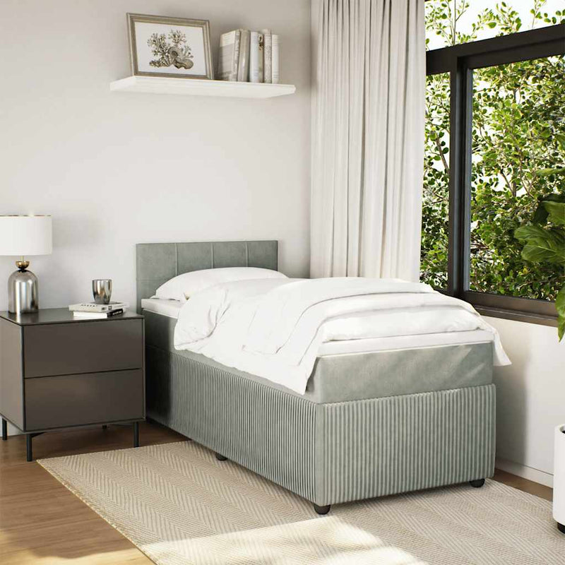 Pat box spring cu saltea, gri deschis, 100x200 cm, catifea