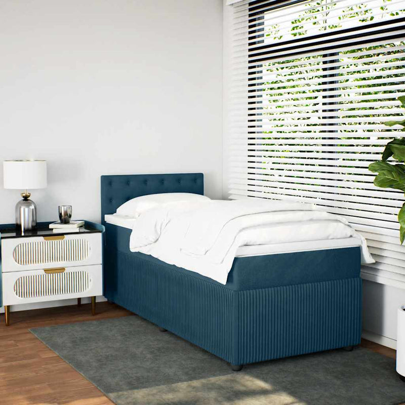 Pat box spring cu saltea, albastru, 100x200 cm, catifea