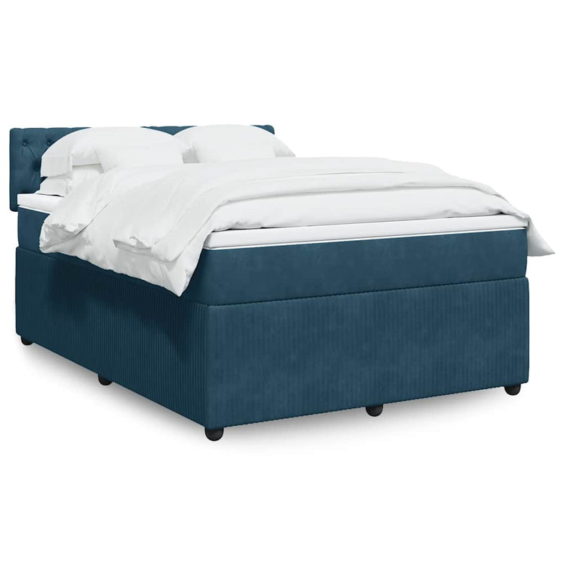 Pat box spring cu saltea, albastru, 140x190 cm, catifea