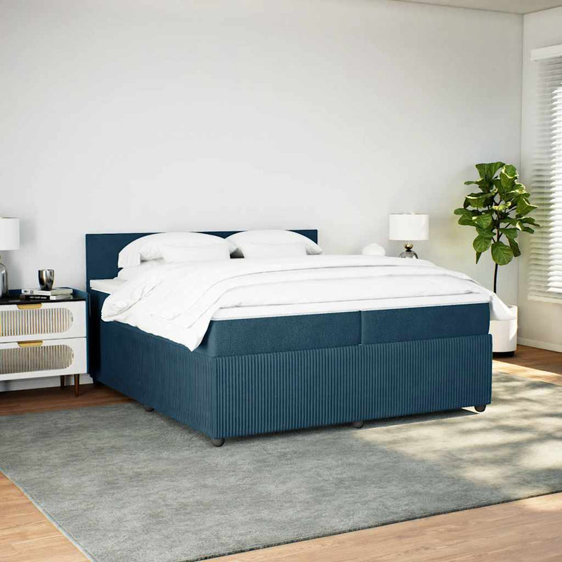 Pat box spring cu saltea, albastru, 200x200 cm, catifea
