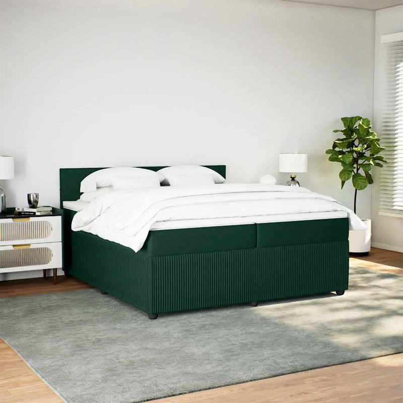 Pat box spring cu saltea, verde închis, 200x200 cm, catifea