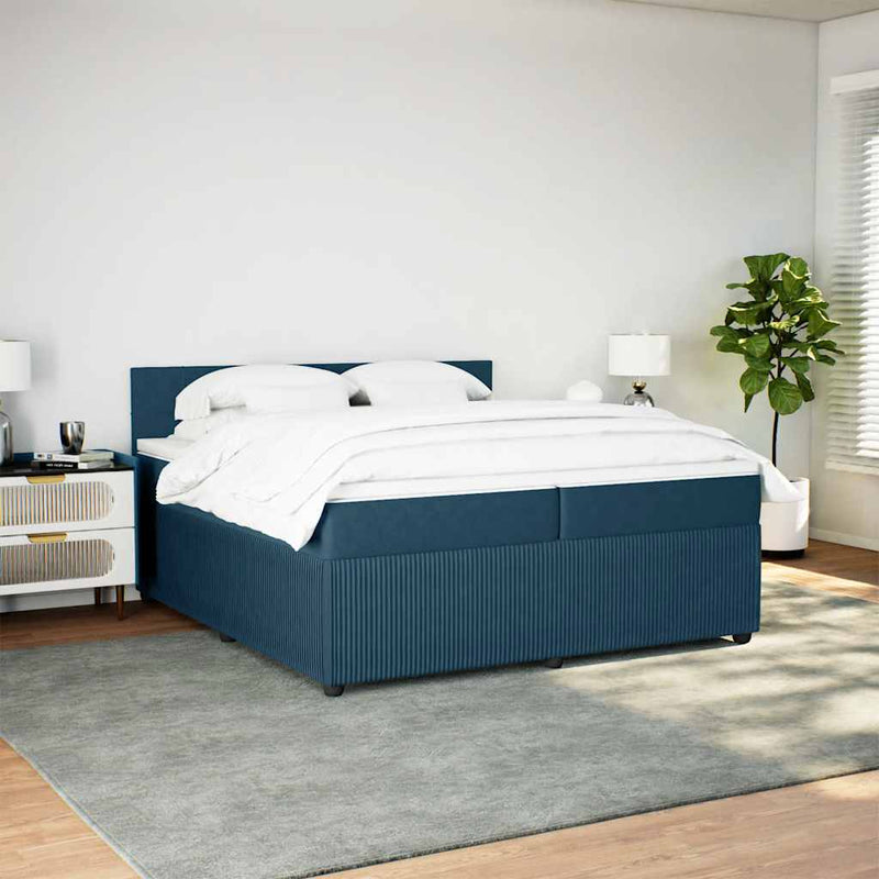 Pat box spring cu saltea, albastru, 200x200 cm, catifea