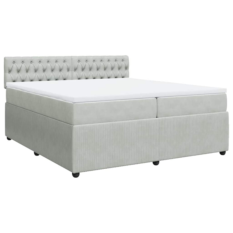 Pat box spring cu saltea, gri deschis, 200x200 cm, catifea
