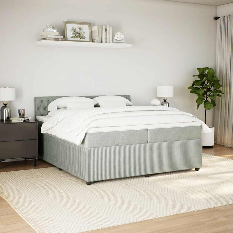 Pat box spring cu saltea, gri deschis, 200x200 cm, catifea