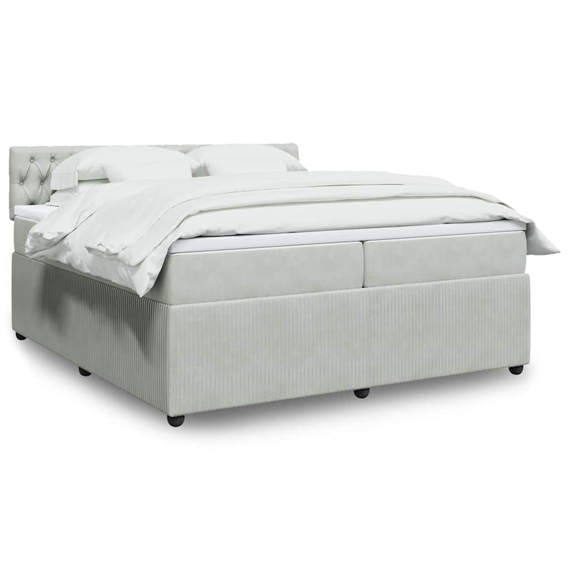 Pat box spring cu saltea, gri deschis, 200x200 cm, catifea
